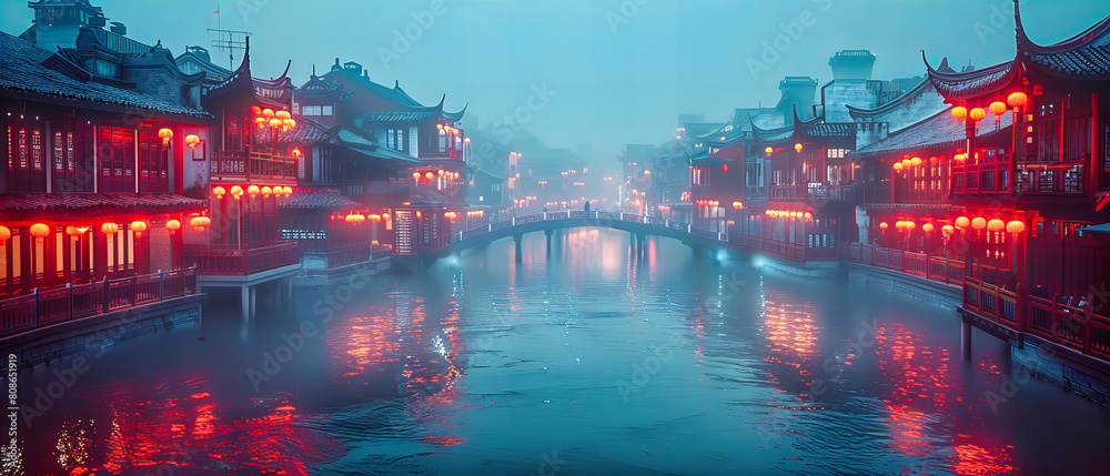 Fototapeta premium Ancient Water Town in Asia: Traditional Architecture Reflected in Calm Canal