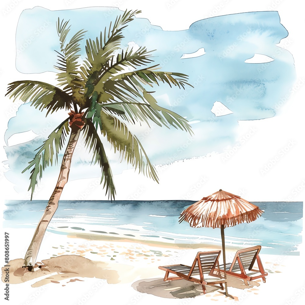 Vacation Watercolor Travel Clipart featuring beach scenes, palm trees, and tropical destinations for holiday vibes