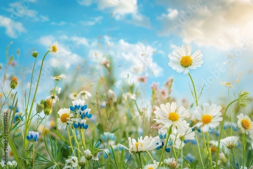 Beautiful field of chamomile and wild peas with morning sky and clouds  nature close-up macro view