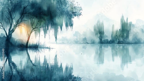 Tranquil Willow Trees by a serene lake, perfect for tranquil and reflective compositions, water color ,clipart 