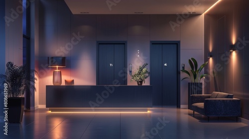 The reception area has a lift  a modern foyer room with desk  illumination  couch  and elevator doors. The lobby area has a soft light  contemporary decor  and realistic 3D modern illustration of a