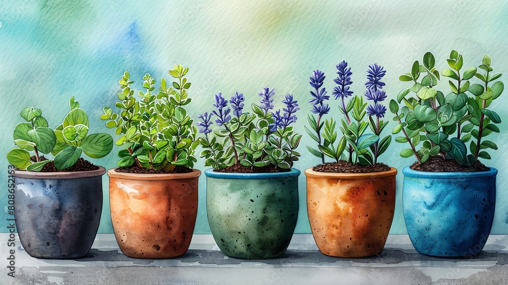 Whimsical illustrations of potted herbs and spices in watercolor design, water color ,clipart Whimsical illustrations of potted herbs and spices in watercolor design, water color ,clipart