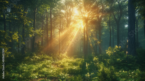 A forest with sunlight shining through the trees © CreativeIMGIdeas