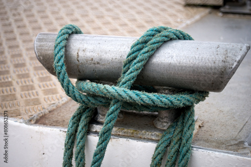 closeup of Boat rope moored on the port