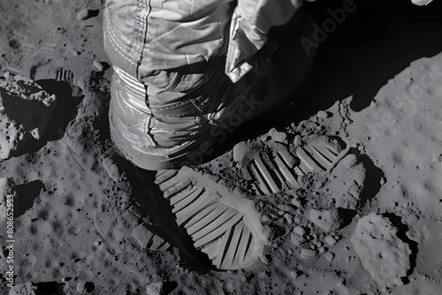 Astronaut s First Step on Lunar Surface Captured in Monochrome Photograph photo