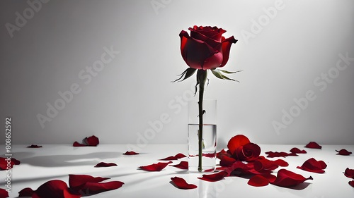 red rose petals on white background, abstract photo red rose and petals