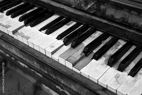 Closeup of vintage piano keyboard in outdoor by rainy day