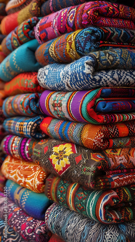 Colorful Andean fabrics for sale at the market. Photo size 9:16