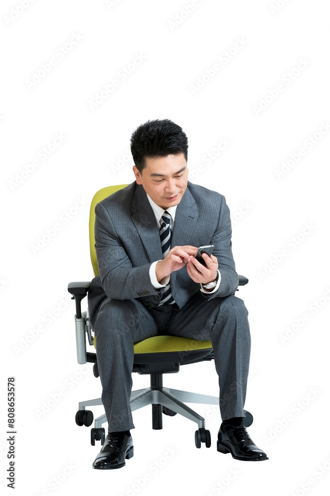 Shed middle-aged business men sit chair play mobile phone Shed middle-aged business men sit chair play mobile phone