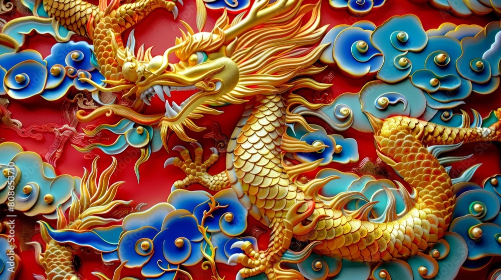 Fototapeta premium Golden dragon on the wall of Chinese temple.