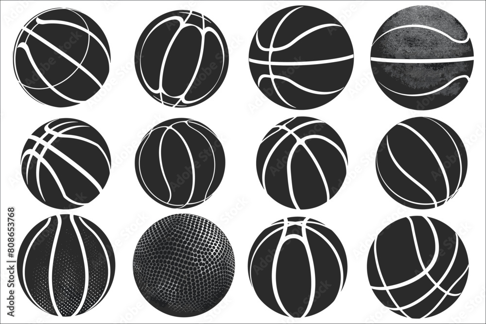 Obraz premium Black silhouettes of basketball, Black basketball symbols, Silhouettes of basketball, Basketball ball icons set, Basketball, Ball silhouette, Basketball logo vector, Basketball logo