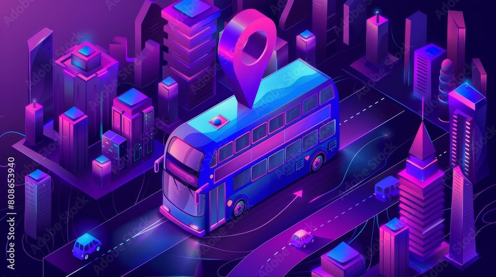 An isometric city bus tour landing page in cityscape with skyscraper buildings and navigation road pins. Tourism travel concept, 3D modern banner. An isometric city bus tour landing page in cityscape with skyscraper buildings and navigation road pins. Tourism travel concept, 3D modern banner.