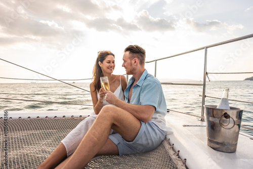 Caucasian romantic couple looking at beautiful view during yachting. 