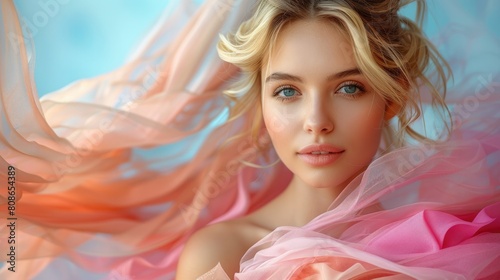 Portrait of Beautiful young caucasian blonde hair woman with colorful ribbons on a white background.