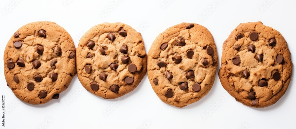 A top view image of homemade chocolate chip cookies placed on a white background with ample copy space for text or graphics A top view image of homemade chocolate chip cookies placed on a white background with ample copy space for text or graphics
