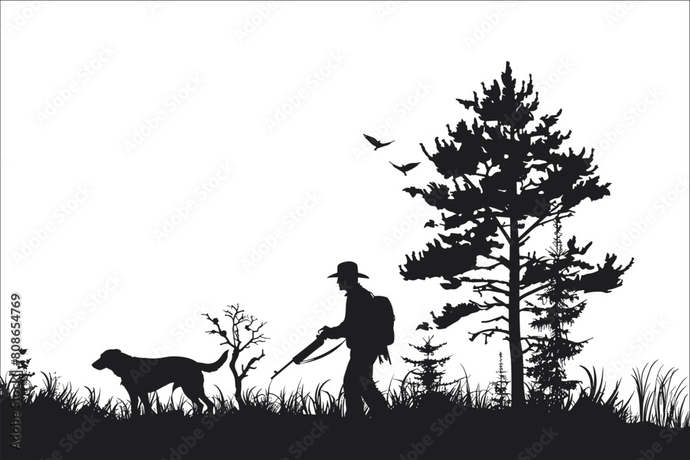 Silhouette of a hunter and dog, Silhouette of a hunter, Hunter and dog, Silhouette of hunter with gun and his dog on white background, Hunter, Wildlife, Rifle, Shotgun, Gun, Animal, Forest Silhouette of a hunter and dog, Silhouette of a hunter, Hunter and dog, Silhouette of hunter with gun and his dog on white background, Hunter, Wildlife, Rifle, Shotgun, Gun, Animal, Forest