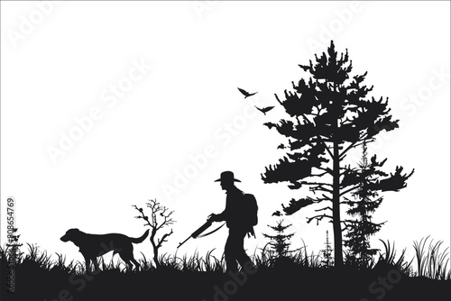 Silhouette of a hunter and dog, Silhouette of a hunter, Hunter and dog, Silhouette of hunter with gun and his dog on white background, Hunter, Wildlife, Rifle, Shotgun, Gun, Animal, Forest
