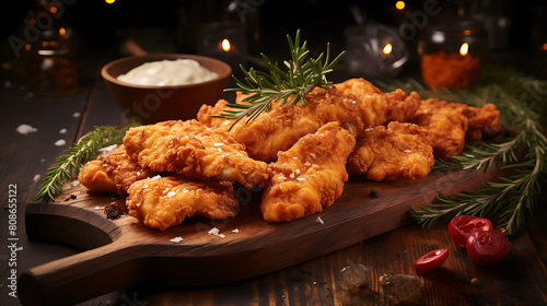 Arrange crispy fried chicken pieces on a rustic wooden board. Capture the crispy skin and tender meat. photo