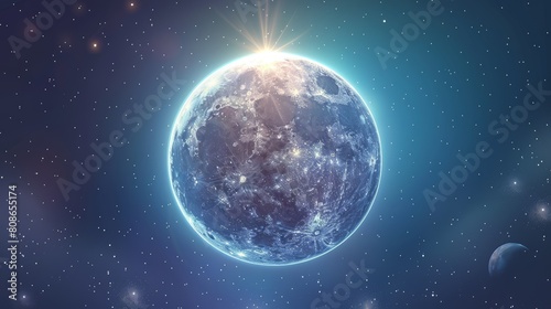 A realistic moon in space with stars and transparency  full moon Earth satellite  Phoebe astrology detailed object with craters  shining round dial on night sky  3D modern illustration.