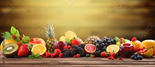 There are numerous colorful fruits on the plate and spread across the wooden table in this copy space image