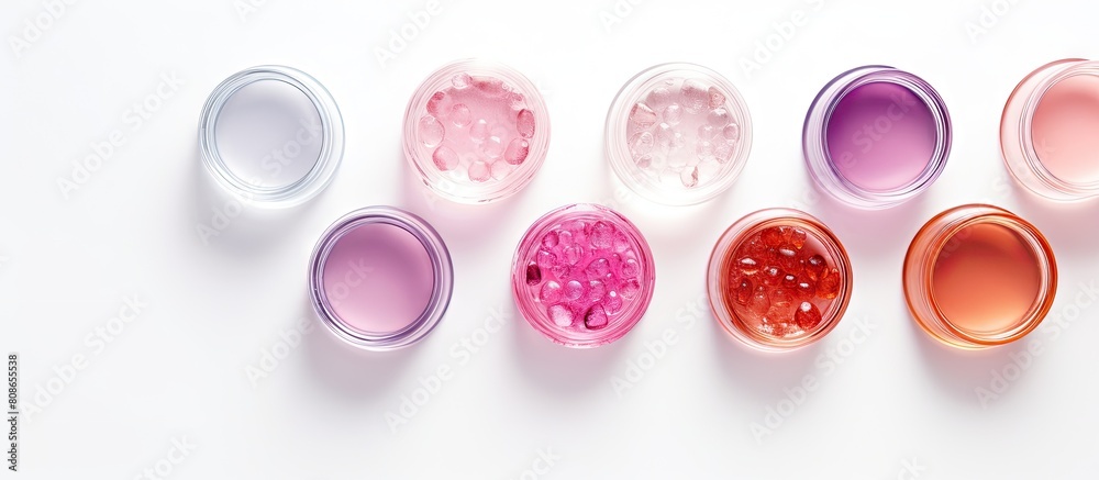 Cosmetic serums and petri dishes arranged in a flat lay composition on a white background providing ample space for text Cosmetic serums and petri dishes arranged in a flat lay composition on a white background providing ample space for text