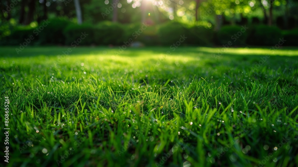 Dew-covered grass in the morning sunlight. AI Generative.