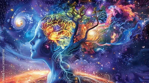 A human profile merging with the cosmos  illustrating a brain transformed into a tree amidst galaxies  celebrating the union of nature and the universe AI Generative.