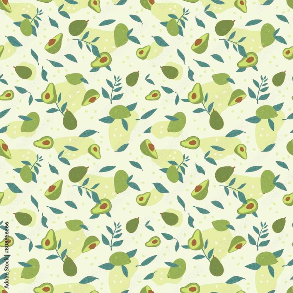 Avocado seamless pattern. Tropical fresh fruit endless background. Botanical elements repeat cover. Healthy vegan food loop ornament. Vector flat illustration. Avocado seamless pattern. Tropical fresh fruit endless background. Botanical elements repeat cover. Healthy vegan food loop ornament. Vector flat illustration.