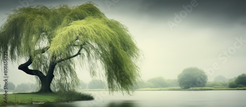 There is a serene copy space image of a Willow tree gracefully swaying in the breeze near Springfield Lake Ohio photo