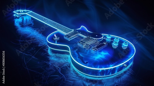 Neon blue electric guitar in a dynamic and energetic illustration, AI Generative.