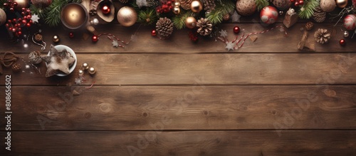 A festive top down view of Christmas decorations and a wooden table surface providing ample space for architects engineers builders designers and draftsmen to express their creative wishes The image photo