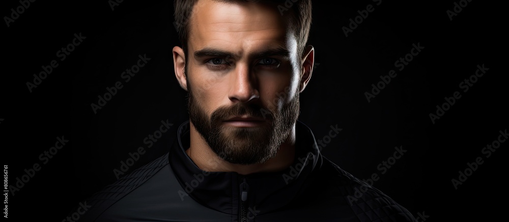 Obraz premium Confident young adult caucasian man with dark hair and beard wearing a black gym suit poses in a dramatic front view portrait gazing directly at the camera Copy space image
