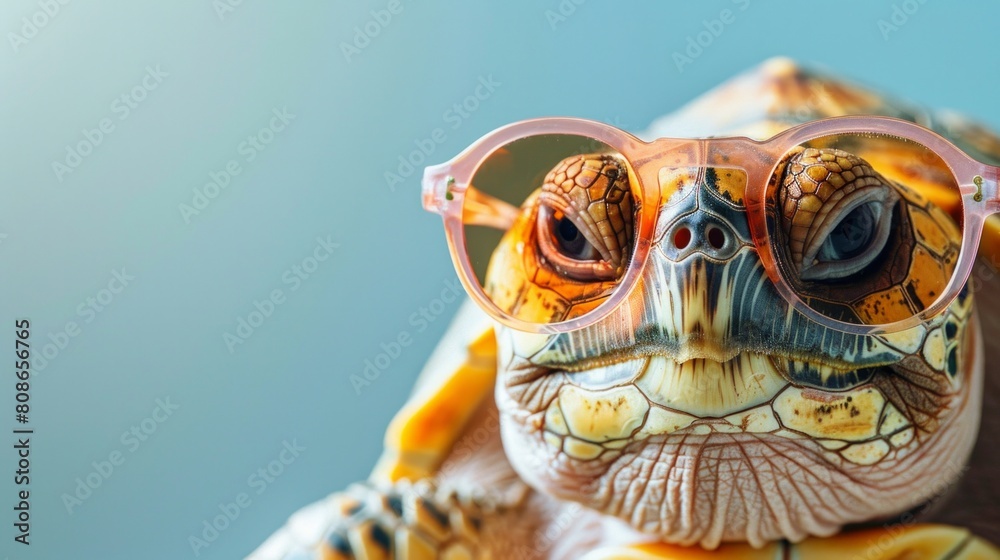 Surreal portrait of a turtle in pink glasses, AI Generative. Surreal portrait of a turtle in pink glasses, AI Generative.