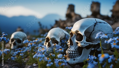 戦争後の廃墟にたたずむ頭蓋骨と青い花