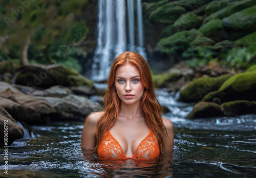 Beautiful  woman against the backdrop of a waterfall. 