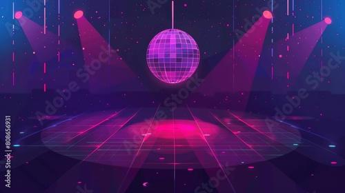 Club party with music from the 80s and 90s. Modern illustration of a nightclub lit by spotlights on a retro mixtape music banner. photo