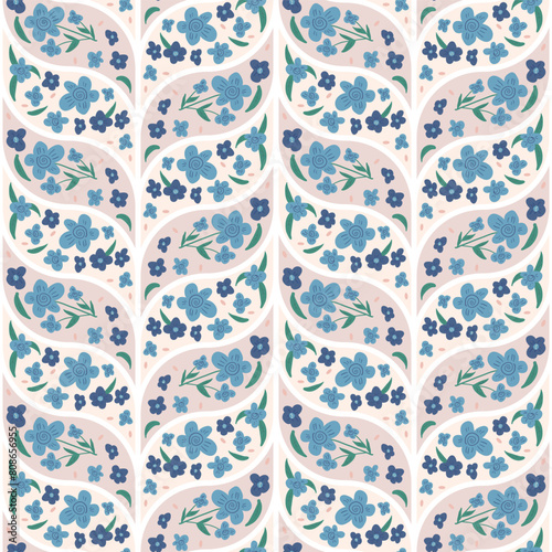 Retro blue flowers seamless pattern. Floral endless background. Wild flower braid knit ornament tile. Naive botanic repeat cover. Vector hand drawn illustration.