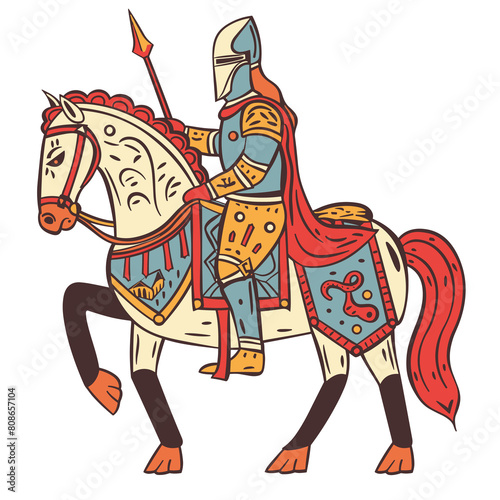 Medieval knight armor riding decorated horse, stylized vector illustration. Armored warrior horseback, historical costume design. Medieval fair, renaissance festival representation, cartoon drawing