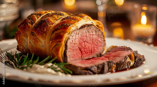 The perfect Beef Wellington served on a white plate, the beef grilled to perfection with a crispy puff pastry crust. The fragrant aroma of spices and meat wafts from this dish. The cut pieces reveal l photo