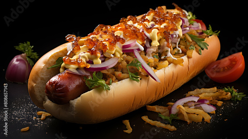 Capture a loaded hot dog with all the fixings--mustard, ketchup, onions, and sauerkraut. Make it look irresistible.