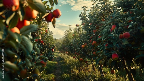 Orchard: In the orchard, rows of fruit trees burst with apples and pears, ready for picking, while workers carefully select the ripest fruits for market photo