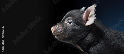 A mini pot belly pig with its head in profile against a plain background providing a copy space image