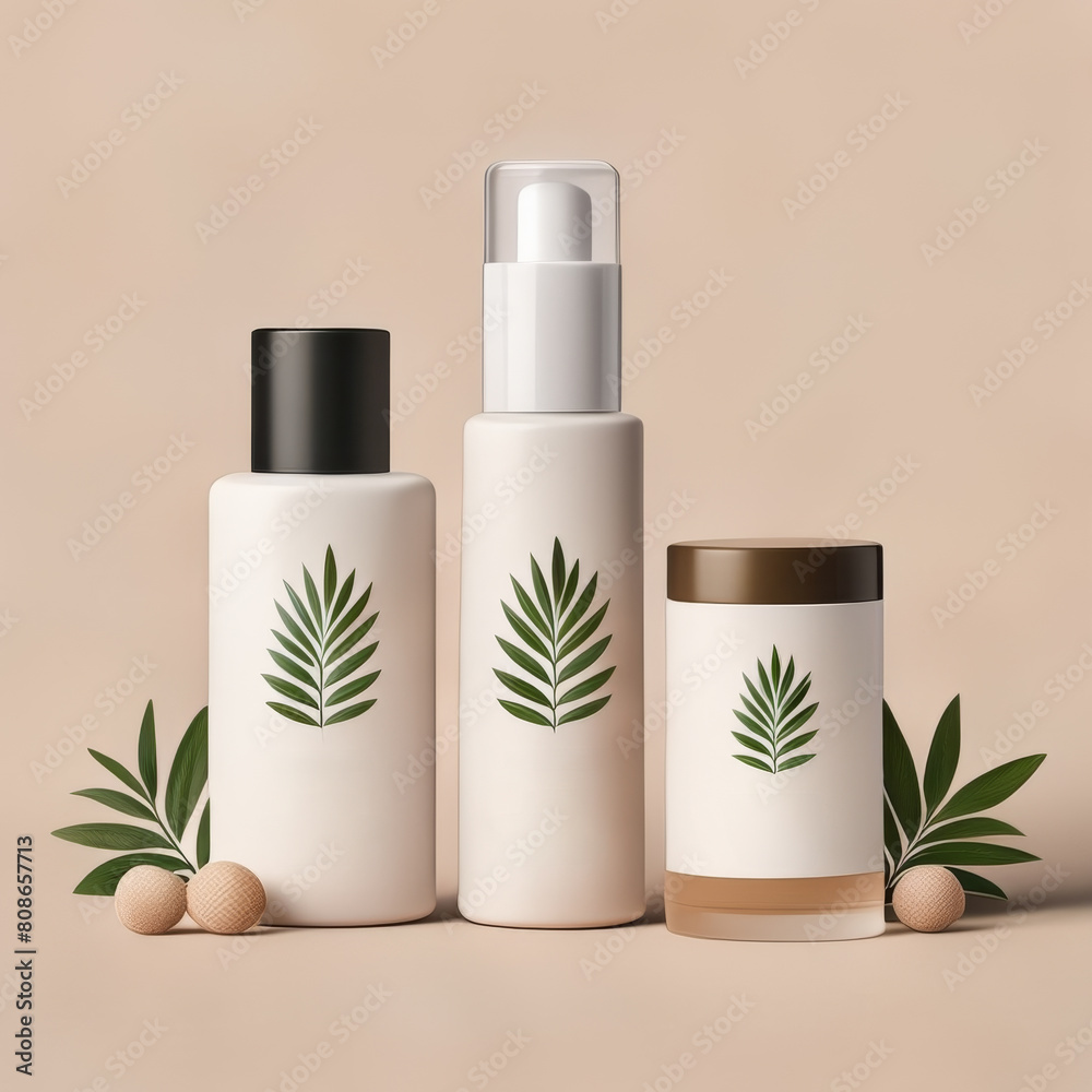 3d render of cosmetic bottles with green leaves on beige background 3d render of cosmetic bottles with green leaves on beige background