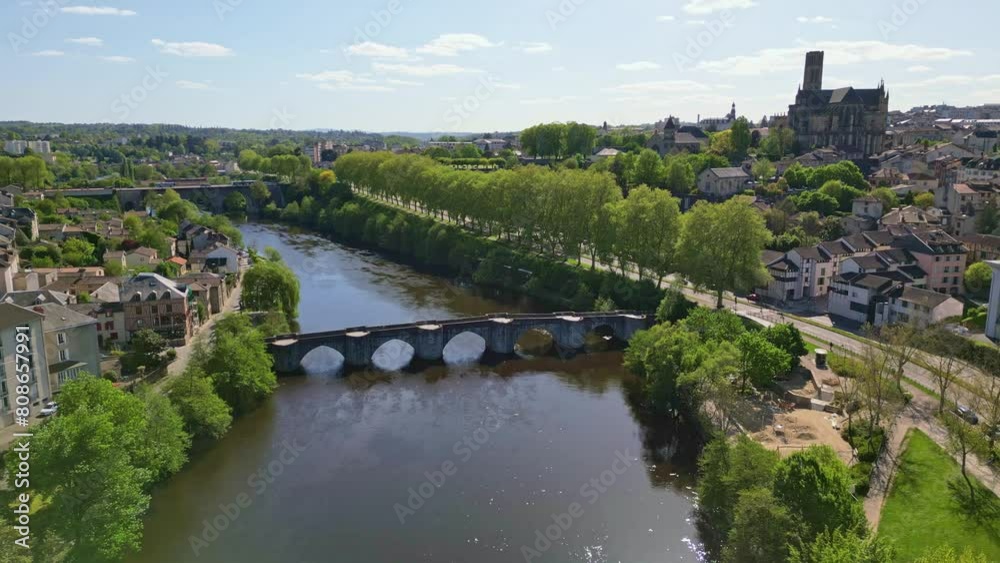 Limoges riverside with bridges and cityscape, France. Aerial forward descending Limoges riverside with bridges and cityscape, France. Aerial forward descending