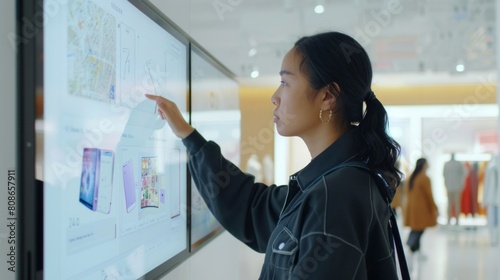 Free Download search for the necessary shop sale and a visit to the shopping Mall. Customer near the glowing info Board in the atrium of the shopping center - GFXLoad