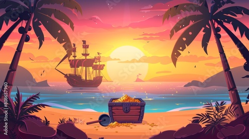 An adventure book or game scene with pirate ship and treasure chest moored on a secret island at sunset. Filibuster loot and shovel beneath on sea beach with palm trees. Cartoon modern illustration.