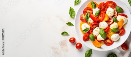 A fresh and colorful caprese salad from Italy is artfully arranged in a white bowl on a white concrete surface It features creamy mozzarella fragrant basil and vibrant tomatoes in red green and orang