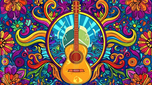 A rock-and-roll hippy musical disco party, pop concert, festival live event banner with acoustic guitar and peace symbol. photo