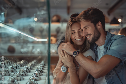 Luxury shopping: affluent couple admiring upscale watches in exclusive jewelry boutique. photo