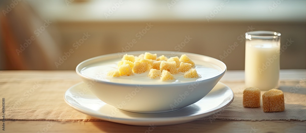 Morning sunlight illuminating a copy space image of a white porcelain plate containing milk rice porridge topped with butter and croutons Morning sunlight illuminating a copy space image of a white porcelain plate containing milk rice porridge topped with butter and croutons